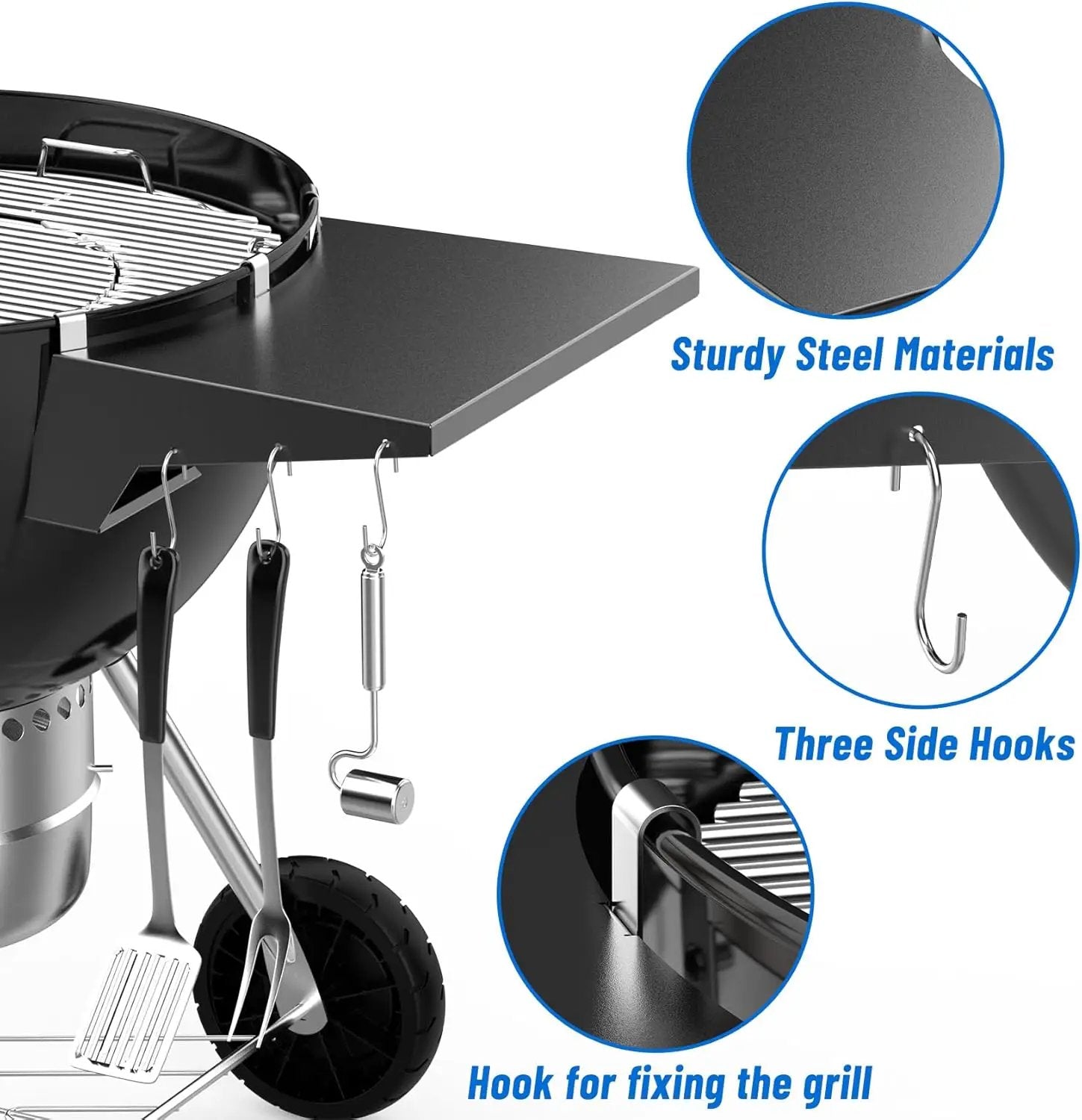 Charkettle Grill Table Shelf Compatible with Weber 22 Inches Kettle Grills, Outdoor Charcoal Grill Side Table BBQ Accessories with Hooks by GreenHaven Gardens
