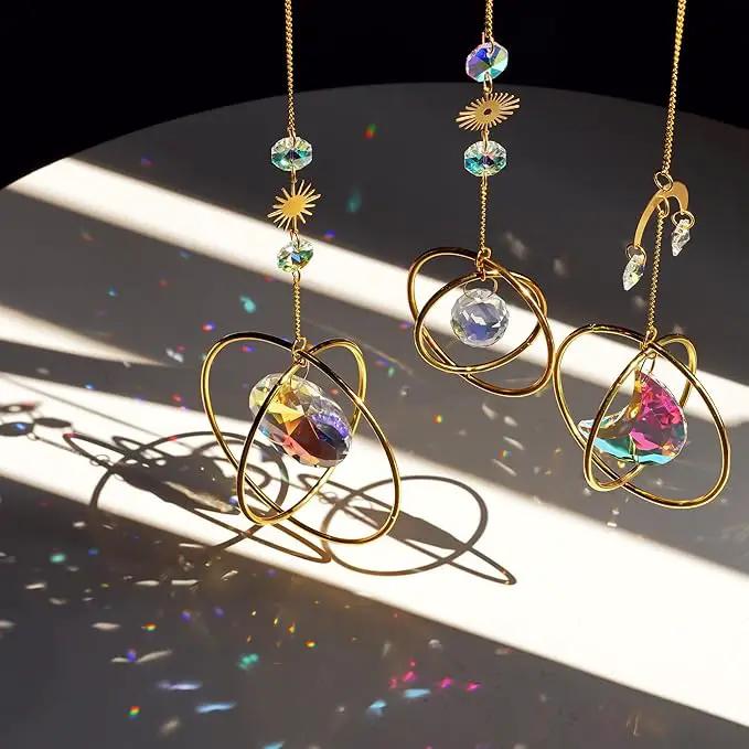 Set 3 Crystal Hanging Decorations - Sun & Moon Rainbow Crystal Suncatcher Window Car Hanging Prisms Ornament Pendant,Boho Love Wall Decoration,Home Garden Decor Gift by GreenHaven Gardens