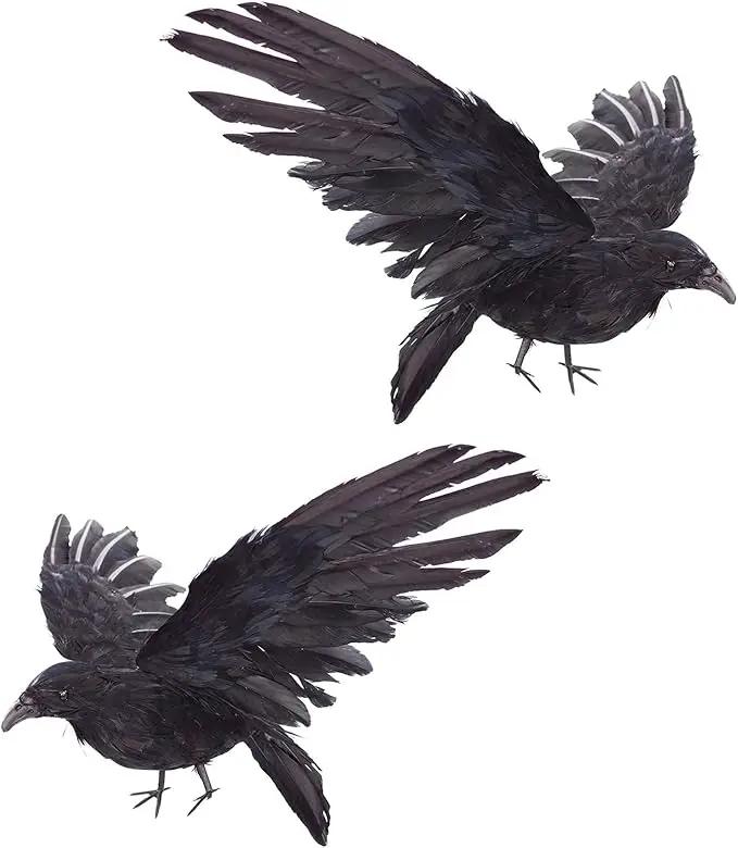 2-Pack Realistic Crows Lifesize Extra Large Handmade Black Feathered Crow for Halloween Decorations Birds, XL (15 inch+15 inch) by GreenHaven Gardens