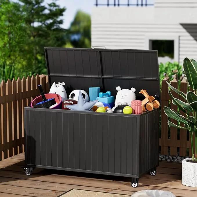 Outdoor Storage Box with Wheels 135 Gallon, Mobile Waterproof Aluminum Deck Box, UV Resistant Patio Storage Box with Lid for Patio Furniture, Garden Tools (Black) by GreenHaven Gardens