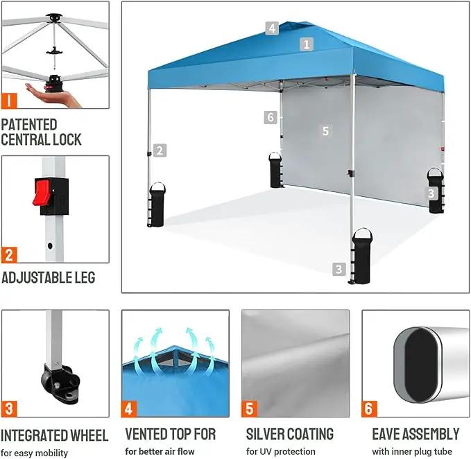 CROWN SHADES 10x10 Pop Up Canopy with 1 Side Wall - Beach Tent with One Push Setup - Outdoor Sun Shade for Events, Parties, Camping - Gazebo with STO-N-Go Cover Bag (Sky Blue) by GreenHaven Gardens