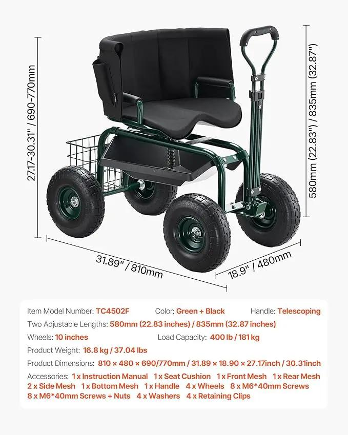 VEVOR Rolling Garden Seat with Wheels, Gardening Stool with Height Adjustable & 360°Swivel Seat, Ergonomic Backrest & Tool Storage, 400lbs Weight Capacity, Garden Scooter Wagon Cart for Yard, Patio by GreenHaven Gardens