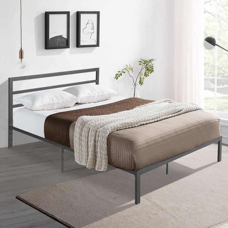 Queen Metal Bed Frame With Headboard - Durable Steel Platform - Dark Gray