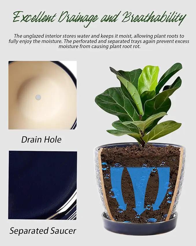 Plant Pots, Flower Pots, Planters for Indoor Plants(6.5+5.5inch), Flower Pots for Indoor Plants with Drainage Hole and Saucer, Ceramic Pots for Plants with Hole Mesh Pad,Reactive Glaze Blue by GreenHaven Gardens