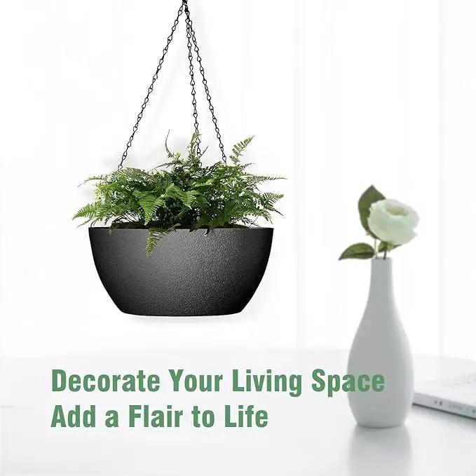 13 inch Large Hanging Planters Plant Pots for Outdoor Indoor Plants with Drainage Holes and Chain, 2 Pack Round Hanging Flower Pots for Garden Home Porch Decor, Black by GreenHaven Gardens