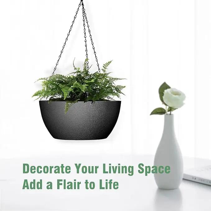 13 inch Large Hanging Planters Plant Pots for Outdoor Indoor Plants with Drainage Holes and Chain, 2 Pack Round Hanging Flower Pots for Garden Home Porch Decor, Black by GreenHaven Gardens