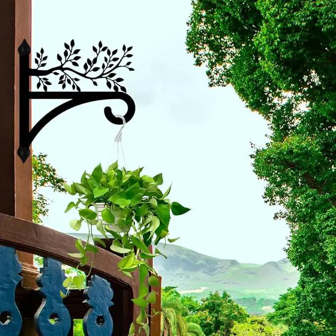 peacoblue Iron Plant Hangers Hooks for Outdoor Indoor Hanging Plants Flower Fern Pots Lantern Bird Feeder, 13"x14" Weather Resistant Metal Wall Holder for Porch Garden Farmhouse(Leaves with Branches) by GreenHaven Gardens