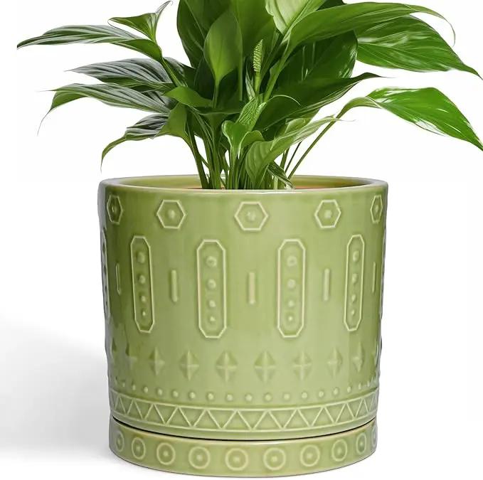 8 Inch Plant Pots - Ceramic Planter for Indoor Plants Outdoor, Round Ceramic Flower Pots with Drainage Hole and Saucer, Boho Decorative Planter, Home Bedroom Decor, Birthday Gifts, Green by GreenHaven Gardens