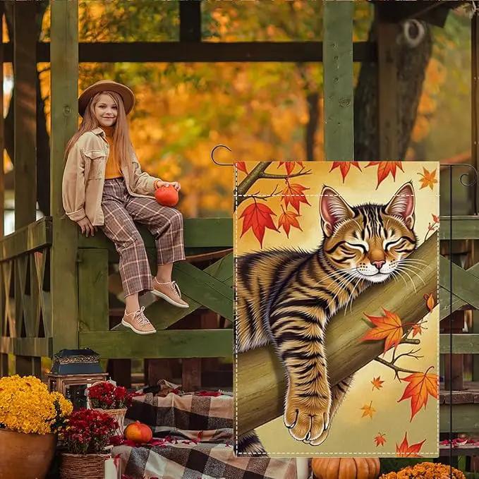 Fall Garden Flag Autumn Cat Garden Flag 12x18 inch Double Sided Fall Thanksgiving Maple Leaves Holiday Flags Decorations for Yard Outdoor Porch (Flay 1805) by GreenHaven Gardens