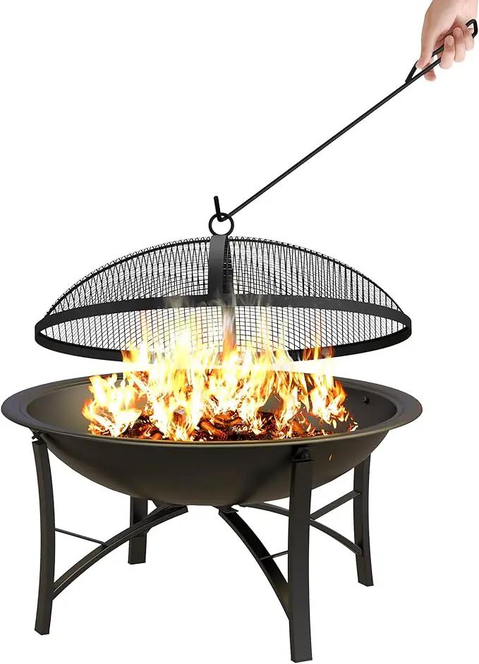 Fire Beauty Fire Pit for Outside Wood Burning,BBQ Grill Steel Fire Bowl with Spark Screen Cover,Log Grate,Poker for Camping Beach Bonfire Picnic Backyard Garden by GreenHaven Gardens