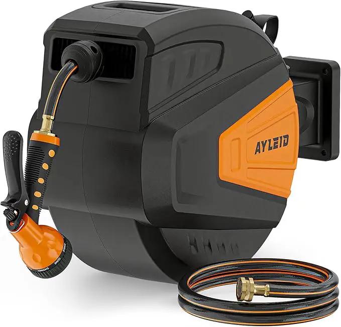 Ayleid Retractable Garden Hose Reel,1/2 in x 65 ft Wall Mounted Hose Reel, with 9- Function Sprayer Nozzle, Any Length Lock/Slow Return System/Wall Mounted/180°Swivel Bracket (Black) by GreenHaven Gardens