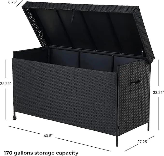 Grand patio 170 Gallon Deck Storage Box Deck Box Outdoor Storage Box Indoor Wicker Storage Bin Patio Storage Box for Patio Furniture Cushions Garden Tools Pool Accessories, Black by GreenHaven Gardens