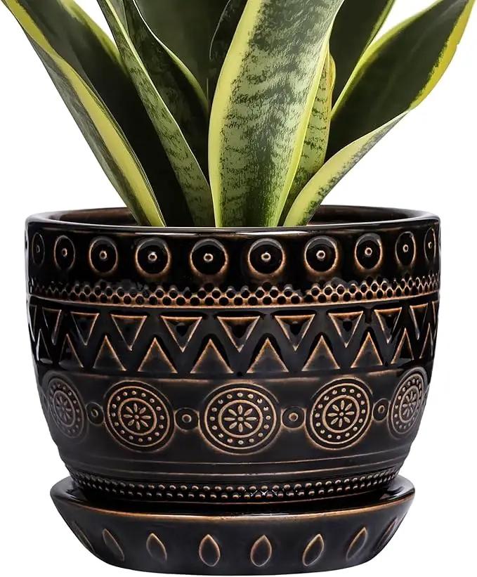 G EPGardening 5.5 Inch Ceramic Planter - Ceramic Plant Pot for Indoor Outdoor Plants, Boho Round Flower Pot with Drainage Hole and Saucer, Gifts for Plant Lovers, Office Garden Home Decor, Black by GreenHaven Gardens