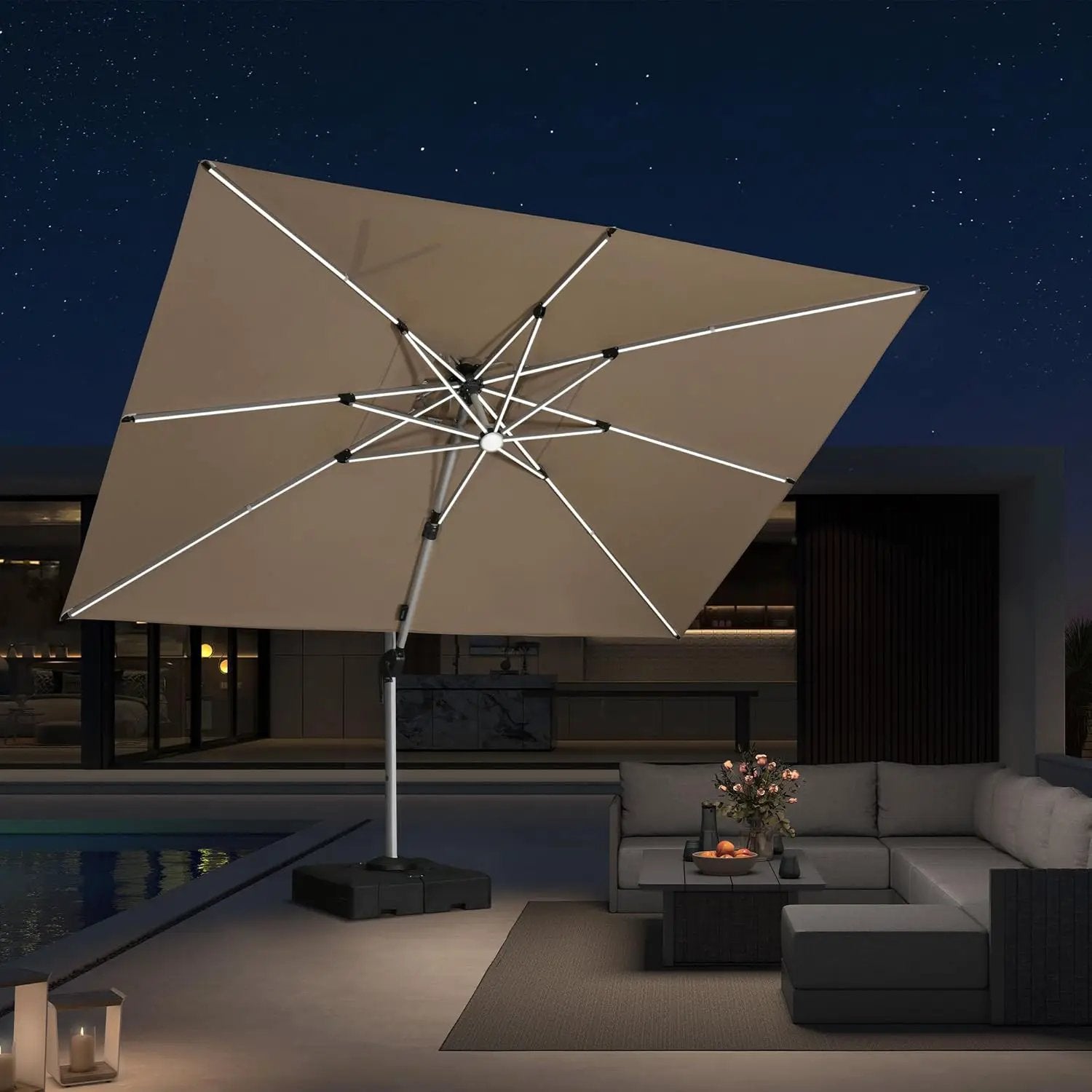 PURPLE LEAF 9' X 12' Solar Powered LED Patio Large Umbrella Offset Double Top Hanging Umbrella Outdoor Market Umbrella for Garden, Deep Beige by GreenHaven Gardens