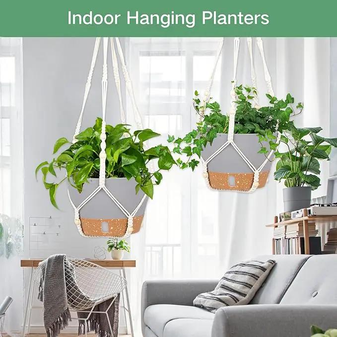 QCQHDU 2 Pack Hanging Planters for Indoor Plants, Outdoor Hanging Baskets, Self Watering Pots with Drainage Holes & Removable Tray (Light Grey, 8 inch, Macrame Hanger) by GreenHaven Gardens