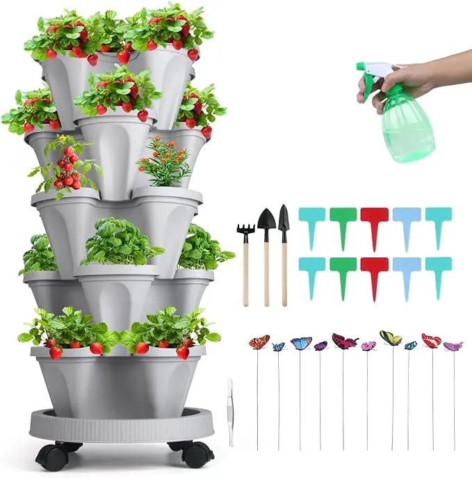 Vertical Planter, 5 Tier Stackable Strawberry Planter with Garden Tool Set, Movable Indoor/Outdoor Garden Herb Pot for Growing Vegetables and Succulents, Gray by GreenHaven Gardens