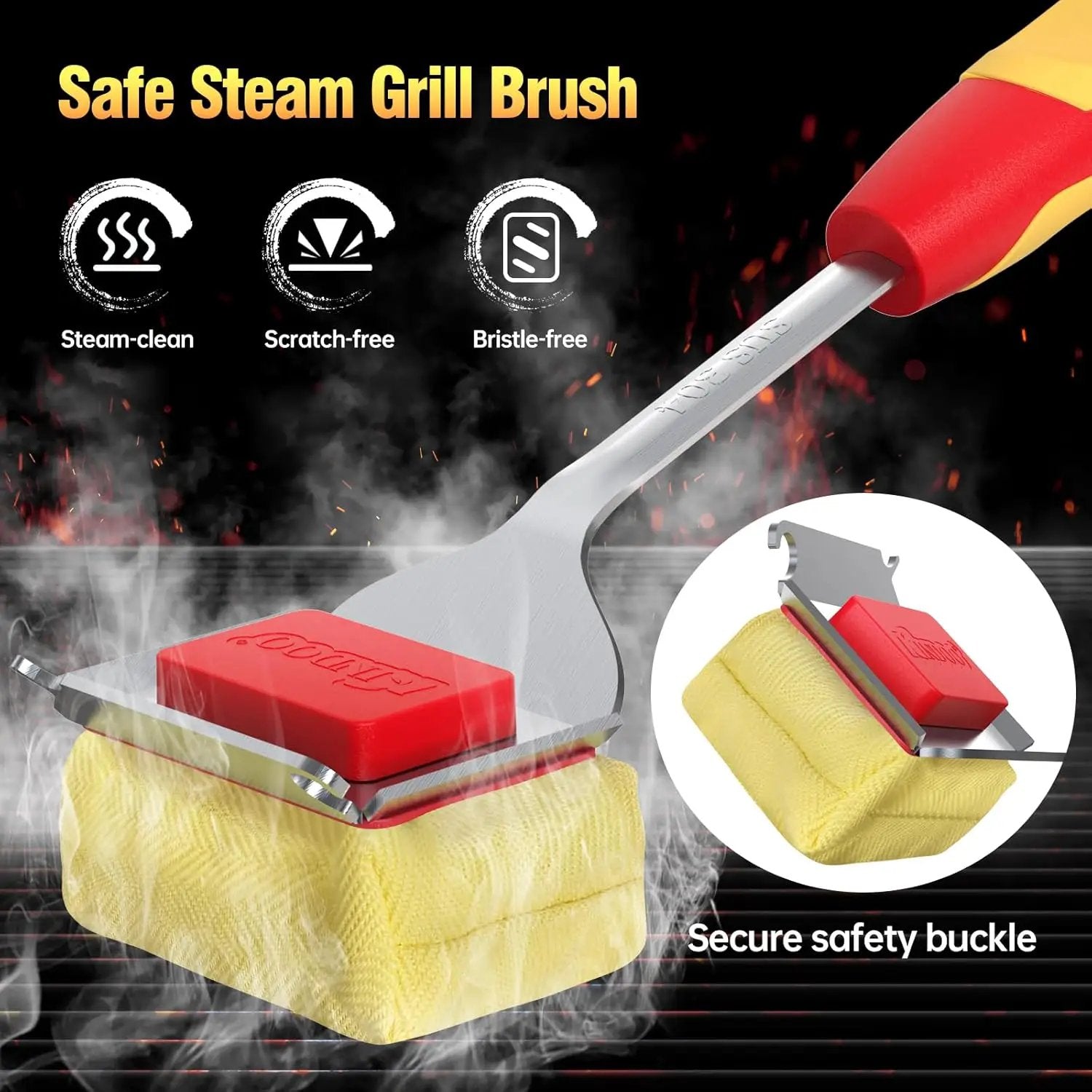Grill Brush Bristle Free for Outdoor Grill, Steam Grill Cleaning Brush Replaceable BBQ Cleaner Brush Head,Extended Handle, Safe Grill Brush with Scraper for Cast Iron Stainless-Steel Grates, Red by GreenHaven Gardens
