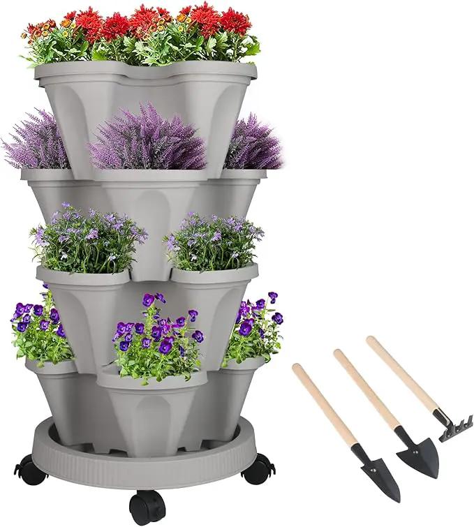 Vertical Planter 4 Tier Stackable Planters Garden Planters Strawberry Herb Flower and Vegetable Planter Indoor Outdoor Gardening Pots with Removable Wheels and Tools by GreenHaven Gardens