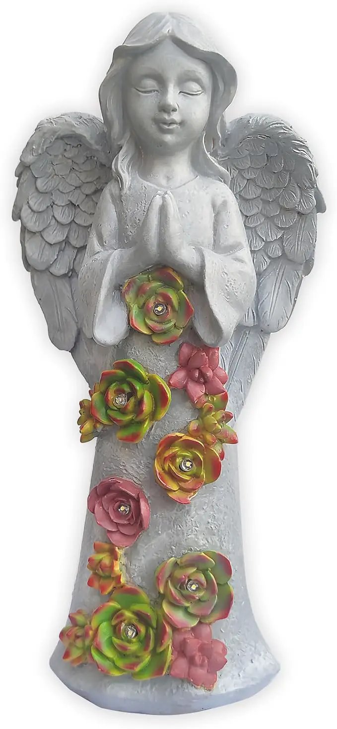 Angel Solar Garden Outdoor Statues with Succulent Plants and 6 LED Lights– Outside Solar Garden Decor Figurines -Remembrance & Sympathy Gifts Decorations by GreenHaven Gardens