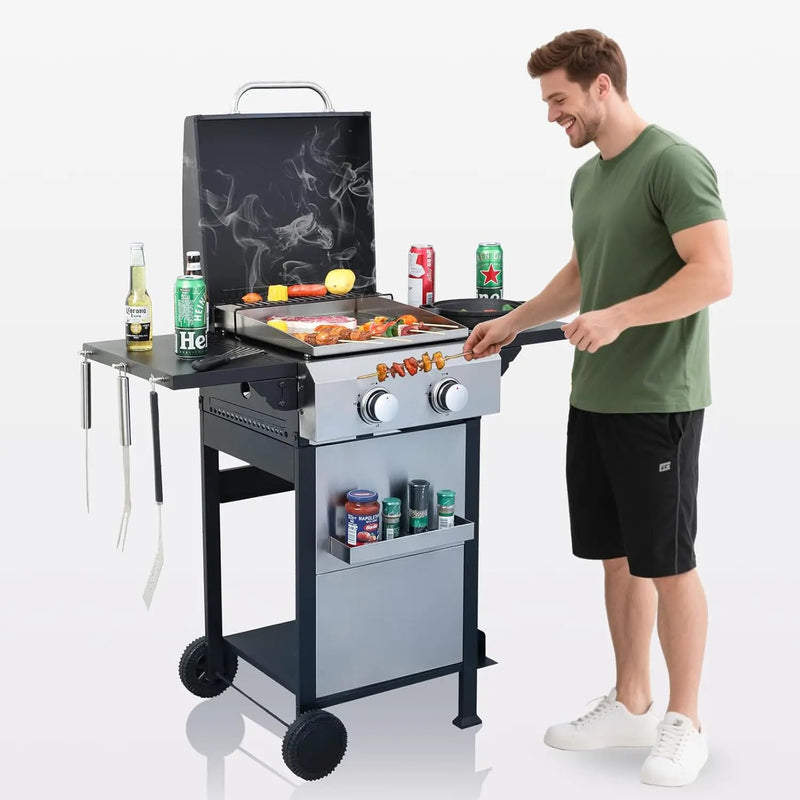 2-Burner Propane Gas BBQ Grill with Porcelain-Enameled Cast Iron Grates, Baking Sheet, 2 Foldable Side Tables, 24,600 BTU Stainless Steel Grill for Outdoor Camping Barbecue Grilling Backyard Cooking by GreenHaven Gardens