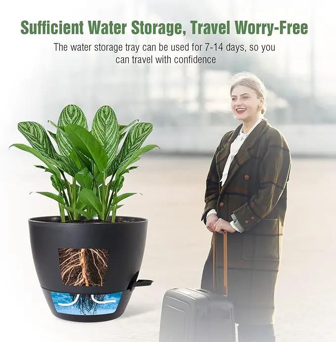 WOUSIWER 10 inch Self Watering Planters, 2 Pack Large Plastic Plant Pots with Deep Reservior and High Drainage Holes for Indoor Outdoor Plants and Flowers, Black by GreenHaven Gardens