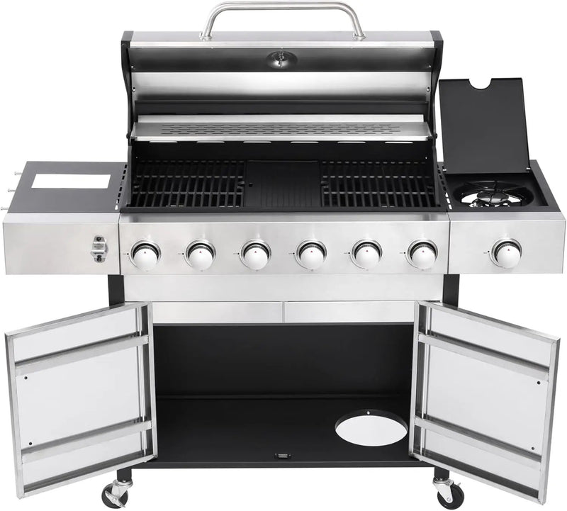 6-Burner Propane Gas BBQ Grill with Side Burner, 57,300 BTU Output, Enameled Cast Iron Grates, Heavy-Duty Stainless Steel Outdoor Grill for Backyard Barbecue by GreenHaven Gardens