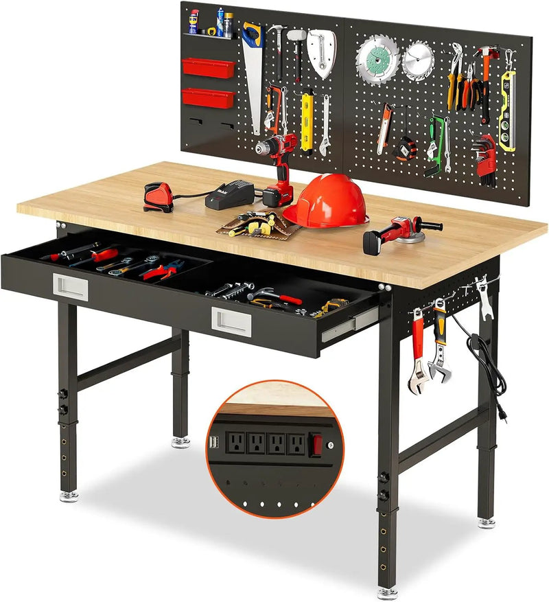 60" Workbench for Garage with Drawers Rubberwood Tabletop Work Table with Pegboard, Power Outlets Adjustable Height Work Bench for Office, Woodworking Shop, Home by GreenHaven Gardens