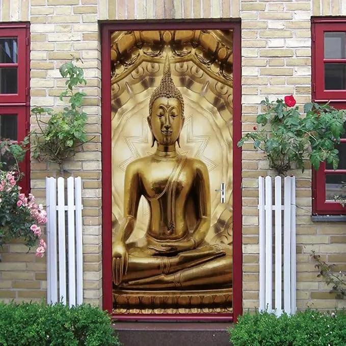 3D Door Stickers - Buddha Statue Murals - Peel & Stick Wallpaper - Self-Adhesive Decals - Removable PVC Waterproof - Bedroom & Living Room - 37.4" x 78.7" by GreenHaven Gardens
