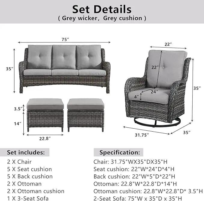 5 Piece Outdoor Patio Furniture Set - Wicker Furniture Patio Conversation Set, Outdoor Swivel Rocker Chairs with 3-Seater Sofa and 2 Ottomans for Small Space, Gray Cushion by GreenHaven Gardens