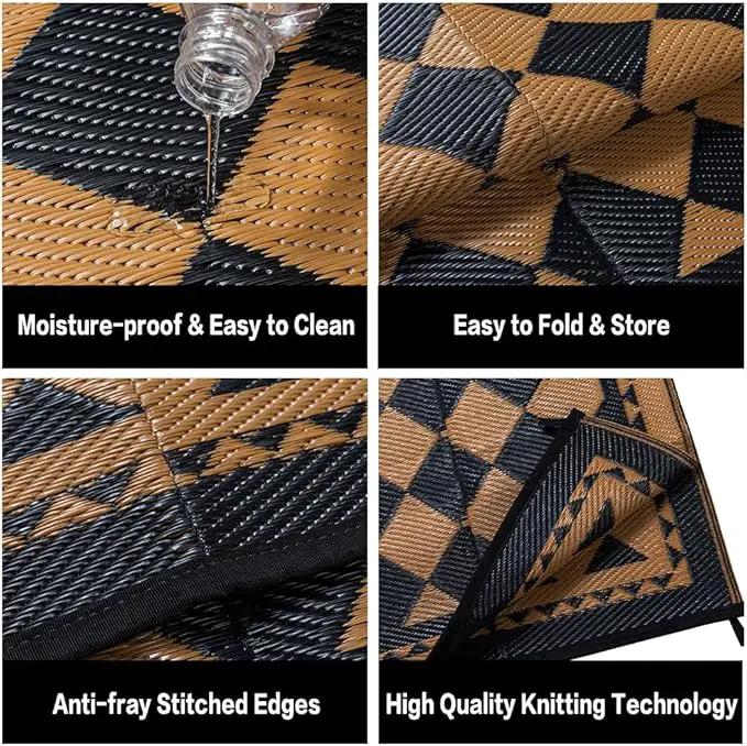 Outdoor Waterproof Rug 8'x10' Plastic Straw Rugs Washable Reversible Floor Mat Brown Plaid Carpet for Camping RV Deck Entryance Porch Picnic Balcony Beach Backyard by GreenHaven Gardens