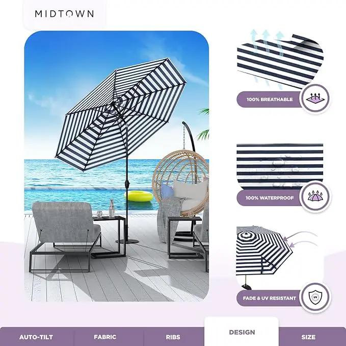 Midtown Umbrellas 10-Year-No-Fade - 9 Ft - UV Proof Navy Stripes Polyester Fabric - Umbrella Outdoor Patio, Auto-Tilt Aluminum Frame Patio Umbrella for Garden, Pool & Deck - Black Pole by GreenHaven Gardens