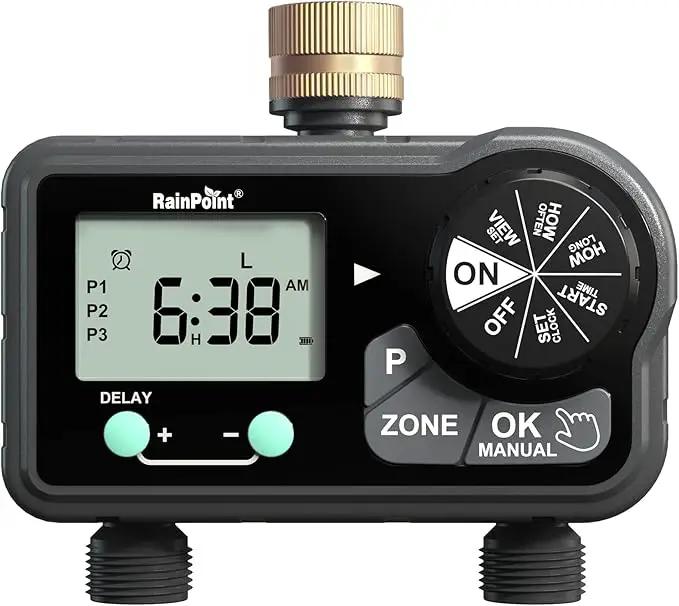 RAINPOINT Brass Sprinkler Timer 2 Stations, Large Digital Water Timer for Garden Hose with 6 Programmable Procedure, with Delay/Manual/Auto Irrigation Mode for Week/Specific/Daily Watering by GreenHaven Gardens
