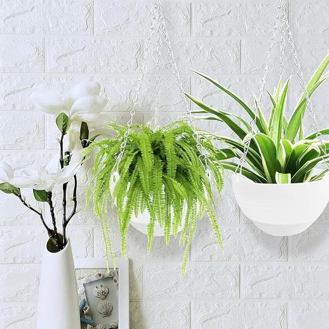 4 Pcs 8 inch Hanging Planter Pots,Self-Watering Round Hanging Basket with Water Tray and Metal Chain,Succulent Flower Plant Pot Container for Indoor Outdoor Garden Balcony Wall Decor,White by GreenHaven Gardens