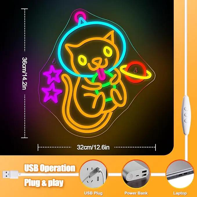 Astronaut Boba Tea Cat Neon Sign Cat Neon Lights for Wall Decor Cute Kitty with Stars Asteroids Anime Led Light Sign for Kids Bedroom Dimsum Store Cofes Bar Milk Tea Shop by GreenHaven Gardens