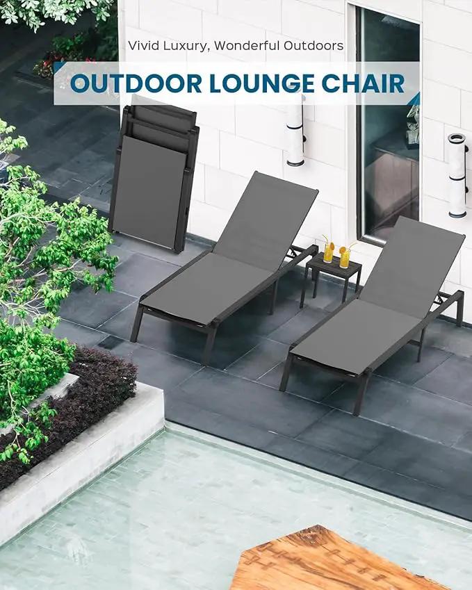 Pool Lounge Chairs Set of 3 (2 Chairs and 1 Side Table), Foldable Aluminum Chaise Lounge Outdoor with 5 Positions Recliner - Free Assembly - Patio Chaise Lounge Chair for Poolside, Yard by GreenHaven Gardens