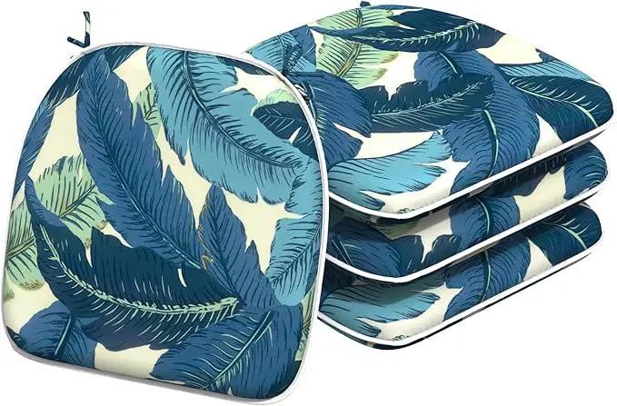 Indoor/Outdoor Chair Cushions 16x17 Inch, Patio Chair Cushions with Ties, All Weather Seat Cushions for Patio Furniture Home Garden Chair Use, Set of 4, Swaying Palms Blue by GreenHaven Gardens