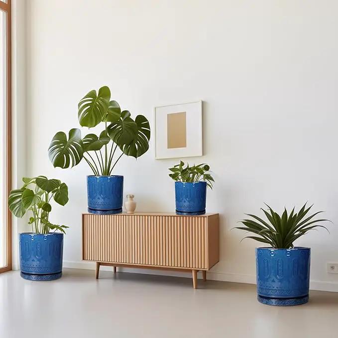 6 Inch Plant Pot - Ceramic Planter for Outdoor Plants Indoor Plant Pot with Drainage Holes and Saucer Succulent Pot Modern Round Flower Pot for House Room Decor Blue by GreenHaven Gardens