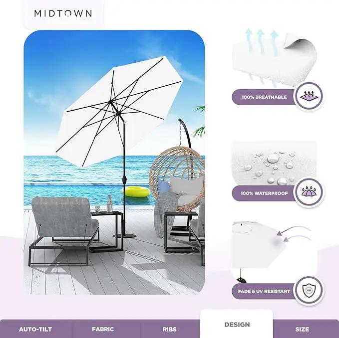Midtown Umbrellas 10-Year-No-Fade - 8 Ft - UV Proof Ivory (White) Polyester Fabric - Umbrella Outdoor Patio, Auto-Tilt Aluminum Frame Patio Umbrella for Garden, Pool & Deck - Black Pole by GreenHaven Gardens