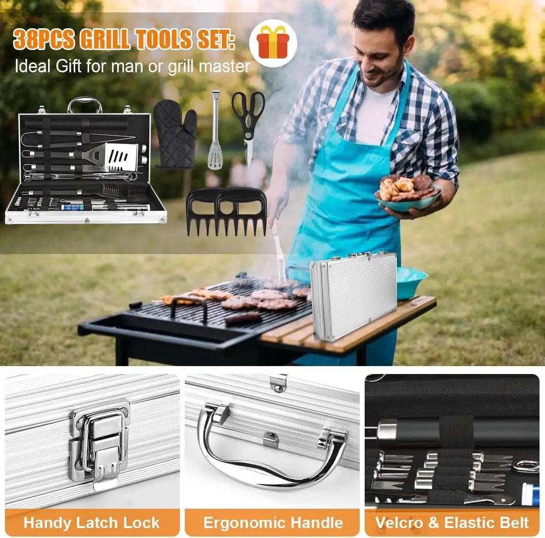 BBQ Grill Accessories Set, 38Pcs Stainless Steel Grill Tools Grilling Accessories with Aluminum Case, Thermometer, Grill Mats for Camping/Backyard Barbecue, Grill Utensils Set for Men Women by GreenHaven Gardens