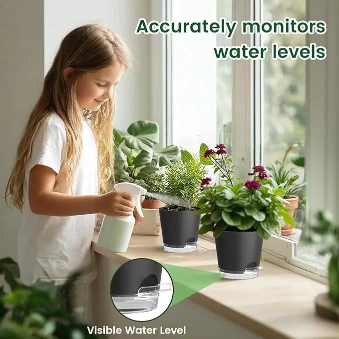 6 inch Self Watering Pots for Indoor Outdoor Plants, 3 Pack Flower Plant Pots with Drainage Holes and Clear Reservoirs, Visible Water Level, Plastic Planters with Wicking Rope, Black by GreenHaven Gardens