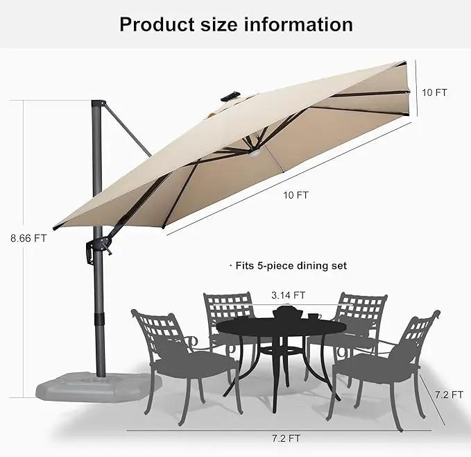 PURPLE LEAF 10 Feet Patio Umbrella with Base Outdoor Cantilever Solar Powered LED Square Umbrella Aluminum Offset Umbrella with 360-degree Rotation for Garden Deck Pool Patio, Beige by GreenHaven Gardens