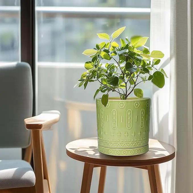 8 Inch Plant Pots - Ceramic Planter for Indoor Plants Outdoor, Round Ceramic Flower Pots with Drainage Hole and Saucer, Boho Decorative Planter, Home Bedroom Decor, Birthday Gifts, Green by GreenHaven Gardens