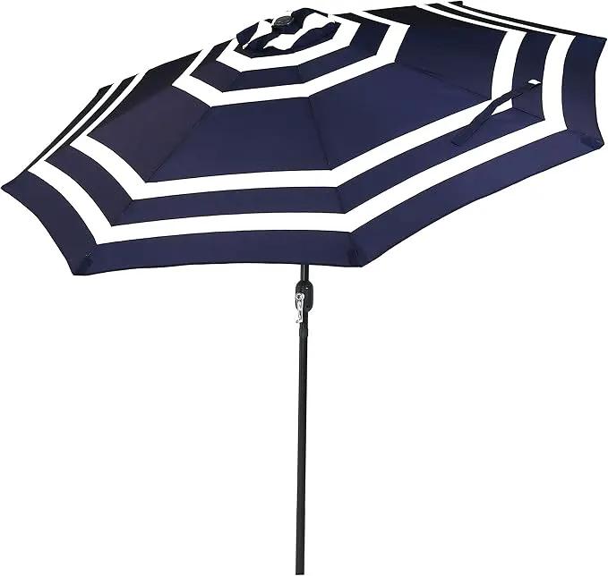 Sunnydaze Outdoor Patio Umbrella - Polyester Table Market Umbrella with Push-Button Tilt and Crank - 8 Sturdy Ribs - Navy Blue Stripe - 9ft by GreenHaven Gardens
