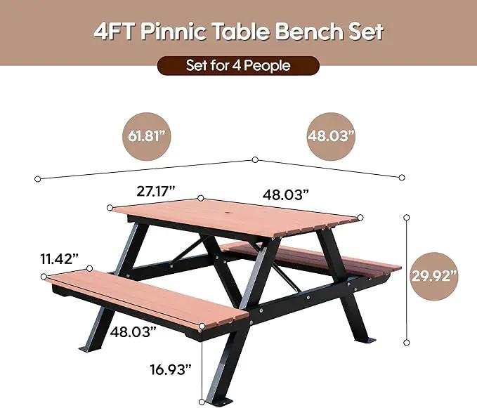 4FT Outdoor Picnic Table and Bench Set with 2" Umbrella Hole, WPC Tabletop Seattop Patio Dining Set for 4 People, Outdoor Dining Table and Chair for Park Garden Yard Patio- Brown by GreenHaven Gardens