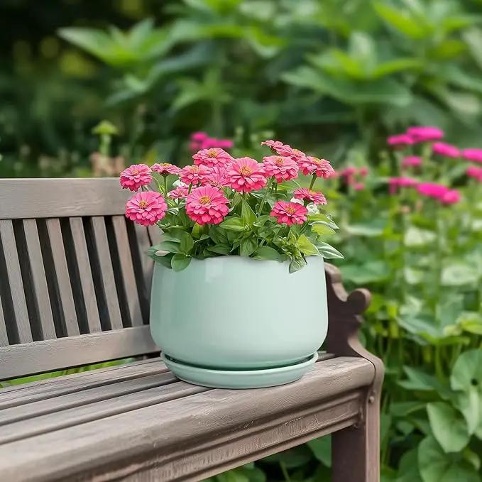 G EPGardening Ceramic Plant Pots - 7 Inch Planter for Indoor Outdoor Plants, Ceramic Planter with Drainage and Saucer, Round Modern Flower Pots, House Decor, Gift for Men Women, Green by GreenHaven Gardens