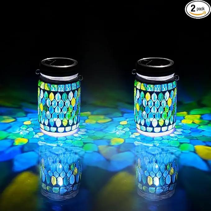 Cooo 2 Pack Mosaic Solar Lanterns Outdoor Waterproof Jar Lights Solar Powered, Hand Paste 141 Crystal Mosaics Table Hanging Garden Backyard Decor Lamps （Just Little More, Get Double The Delight ） by GreenHaven Gardens