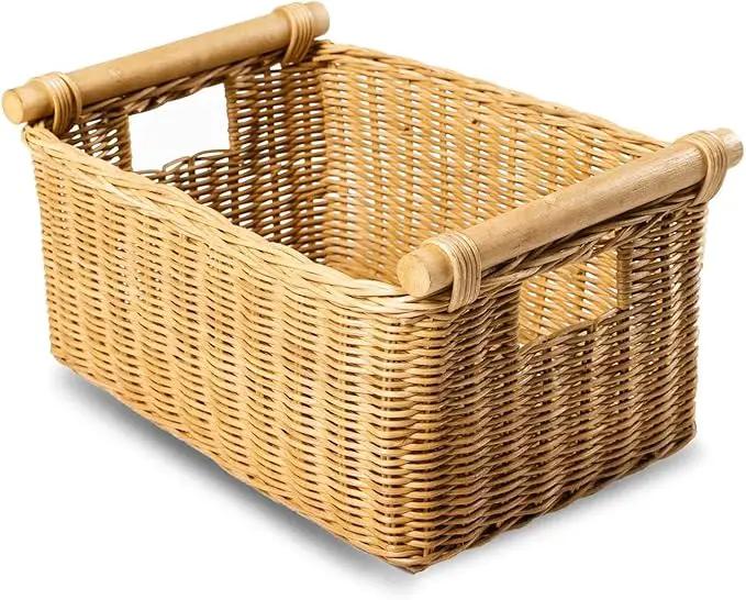 The Basket Lady Pole Handle Wicker Storage Basket, Small, 14 in L x 10 in W x 7.5 in H, Sandstone by GreenHaven Gardens