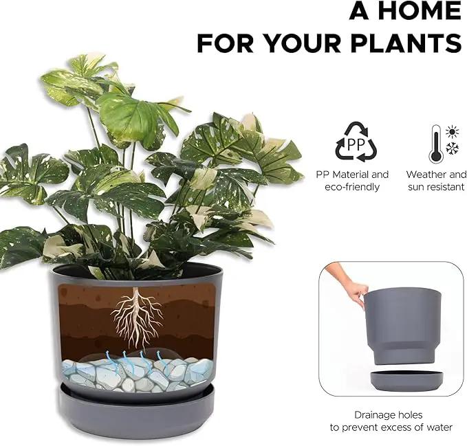 Elly Décor 14 inch Plastic Cylinder Planter Pot with Self-Watering Saucer and Drainage Hole,Lightweight & Extremely Durable, 14"x 14", Gray by GreenHaven Gardens