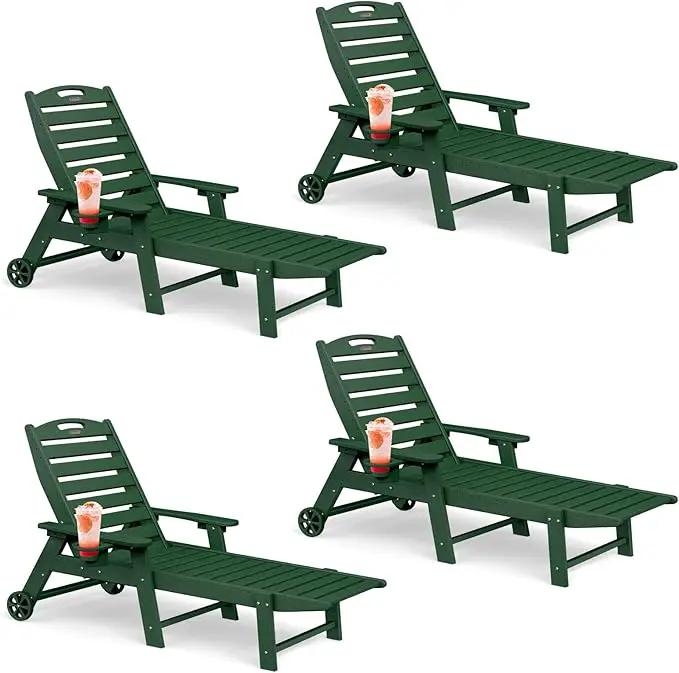 Lounge Chair Outdoor Set of 4 with Wheels, Adjustable 6-Position Chaise Lounge Outdoor, Patio Lounge Chair for Poolside Backyard, Green by GreenHaven Gardens