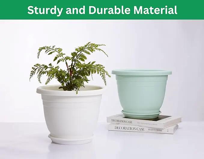 5 Packs 10 inch Plant Pots + Saucer, Planters for Indoor & Outdoor Plants with Drainage Holes | Plastic Flower Pots, Large Planter (Light Green, 10 inch) by GreenHaven Gardens